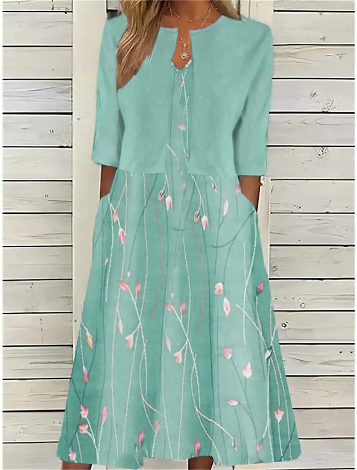 Mia | Floral Midi Dress 3/4 Sleeve Cotton Blend Casual