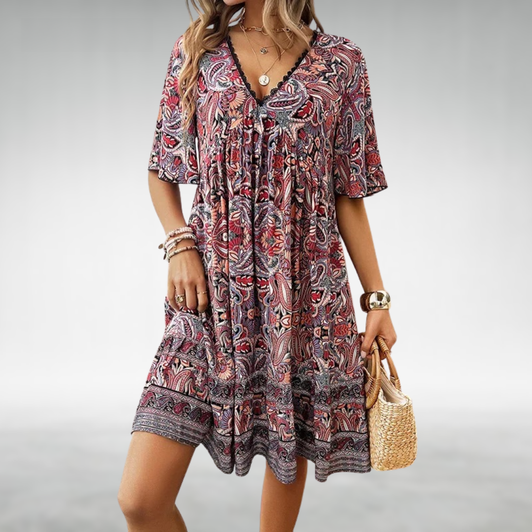 Mabel | Women's Boho Printed V Neck Mini Dress