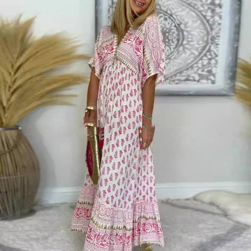 Emma | Women's Boho Tassel Detail Short Sleeve Maxi Dress