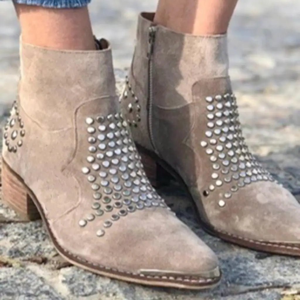 Charlotte | Ankle Boots Studded Pointed Toe Side Zip Chunky Heel