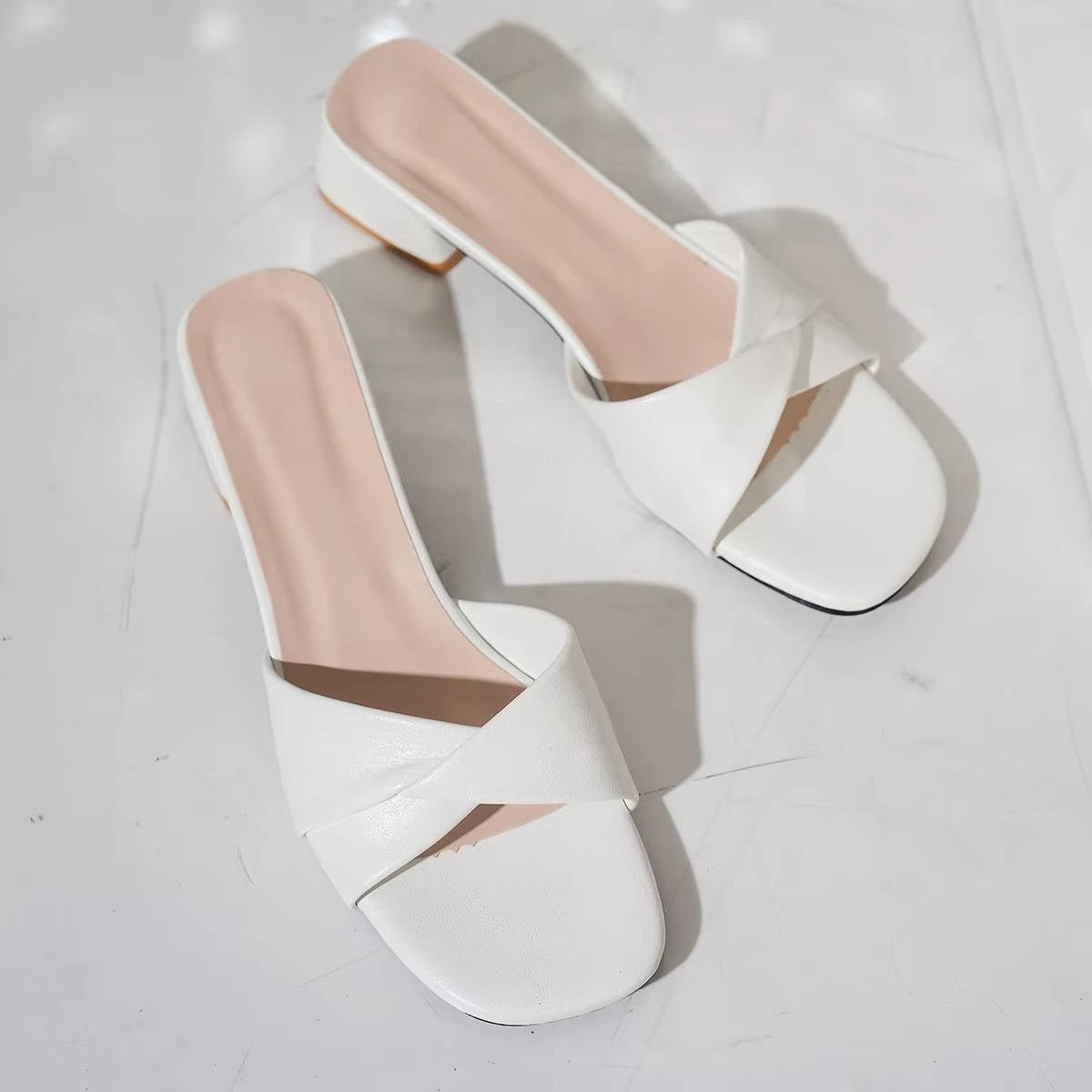 Mia | Cross-Strap Sandals Block Heel Slide Open Toe Square