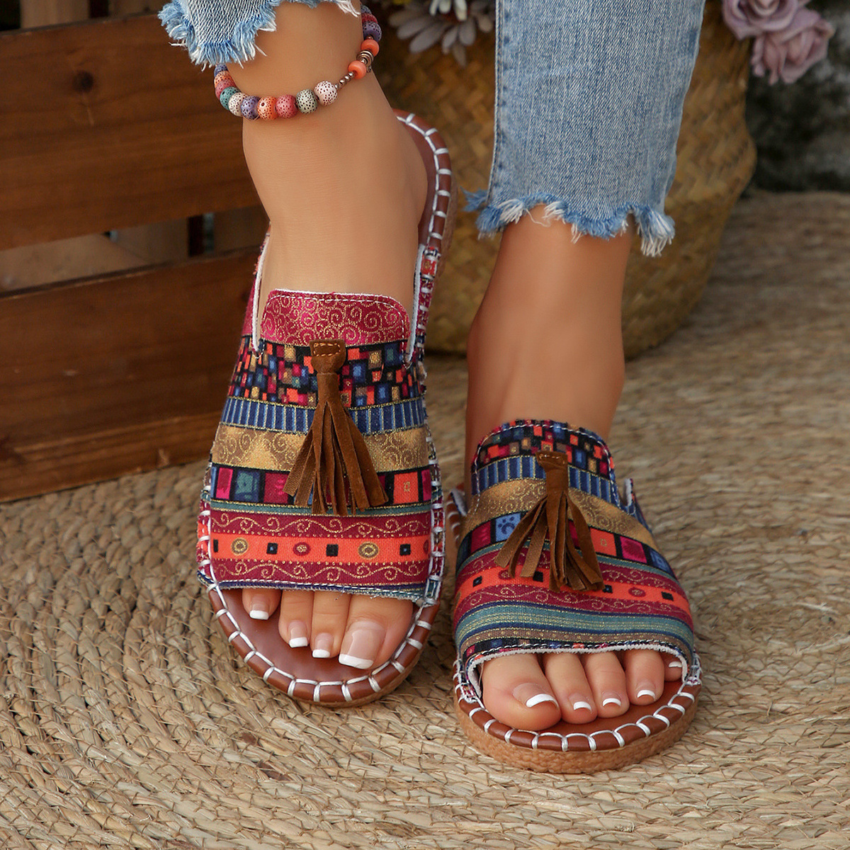 Aria | Women's Slide Sandals Open Toe Tassel Bohemian Flat