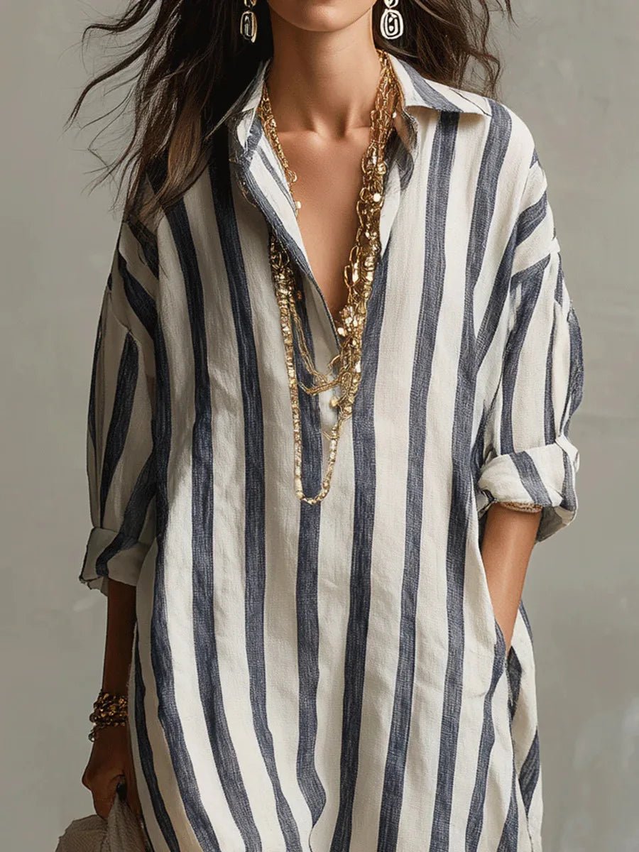 Olivia | Linen Shirt Dress V-Neck Striped Maxi Long Sleeve Loose Fit