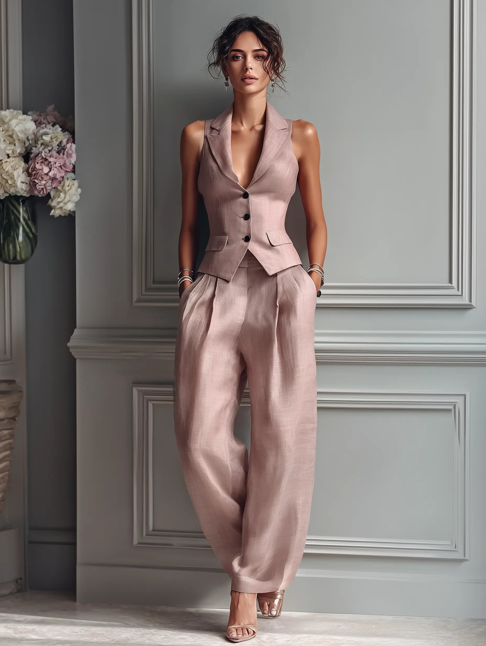 Olivia | Linen Vest Wide Leg Pants Set Sleeveless Lapel