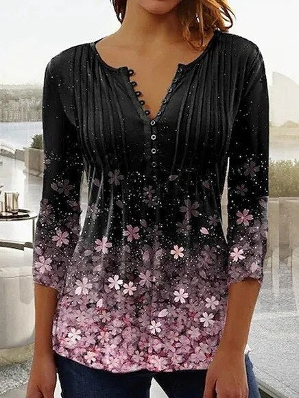 Amelia | Women's Floral Long Sleeve Relaxed-Fit Henley Blouse