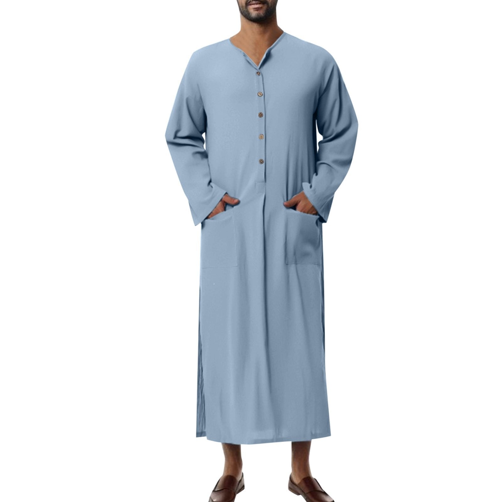 Ryan | Men's Relaxed-Fit Maxi Linen Kaftan Tunic Stand-Collar Button Placket