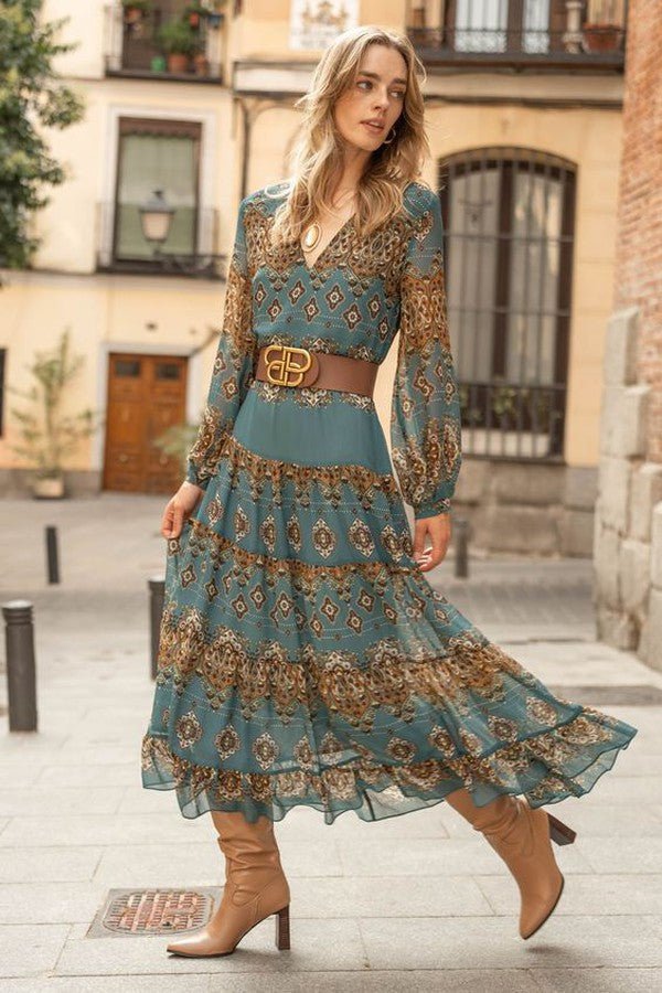 Evelyn | Midi Dress Boho Medallion Print Puff Sleeves Tiered