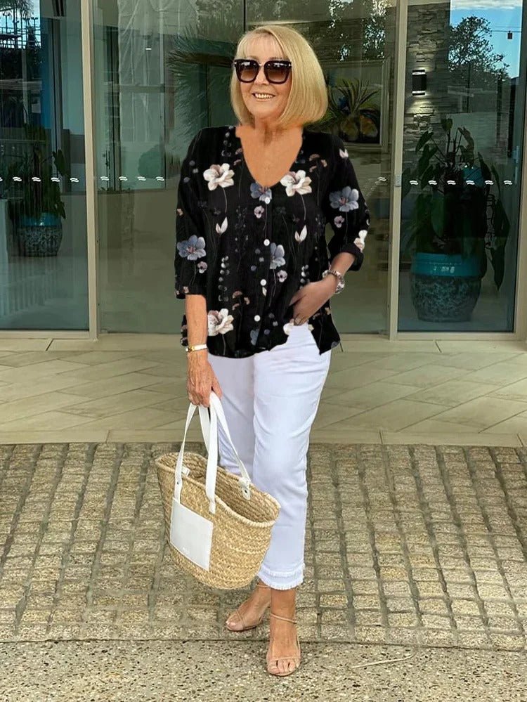 Luna | Plus Size Floral Blouse Three-Quarter Sleeve V-Neck
