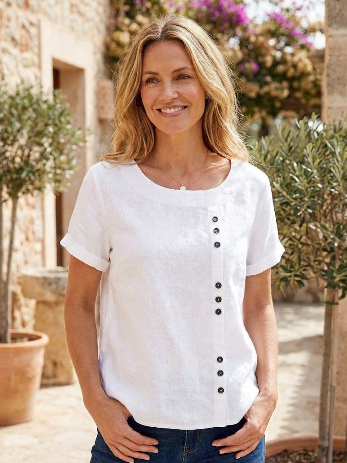 Taylor | Women’s Linen Round Neck Button Blouse