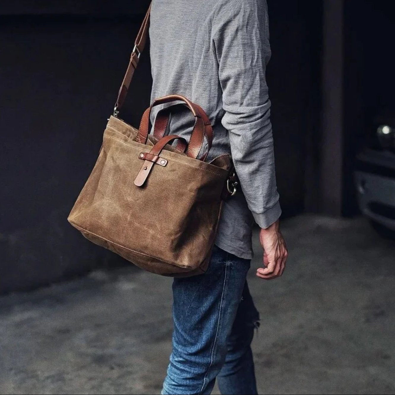 Aiden | Waxed Canvas Leather-Trim Weather-Resistant Tote Bag