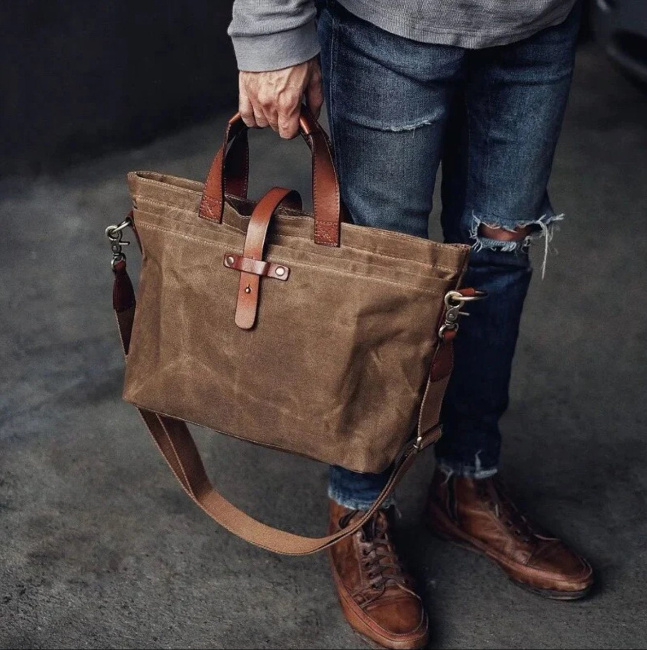 Aiden | Waxed Canvas Leather-Trim Weather-Resistant Tote Bag