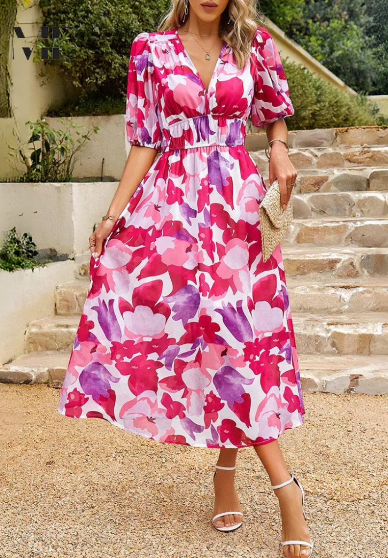 Jasmine | Women's Floral V Neck Midi Wedding Guest Dress