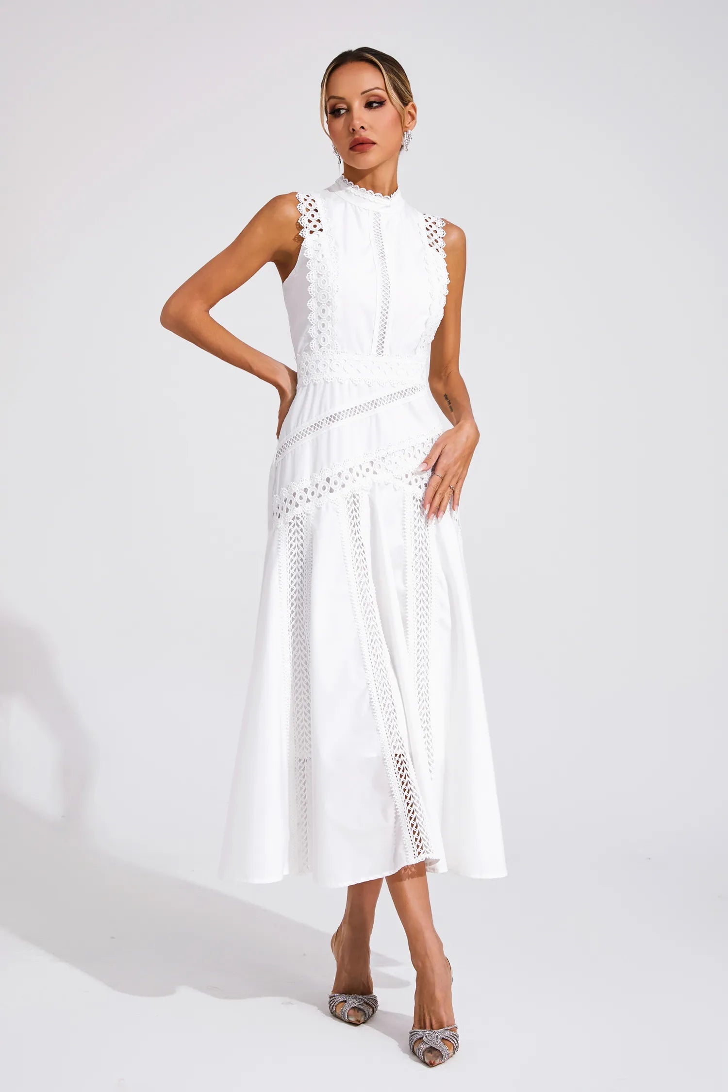 Caroline | Women's Sleeveless Lace Midi Wedding Guest Dress
