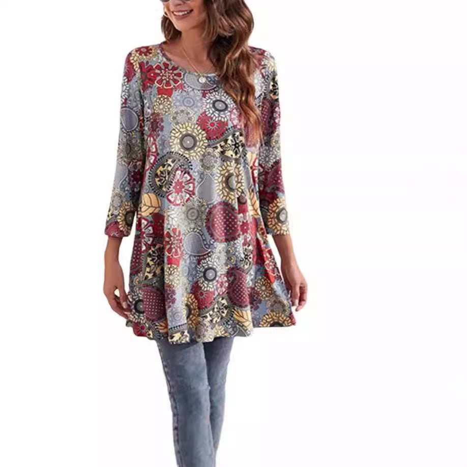 Sophia | Women's Boho Mandala Print 3/4 Sleeve Swing Tunic