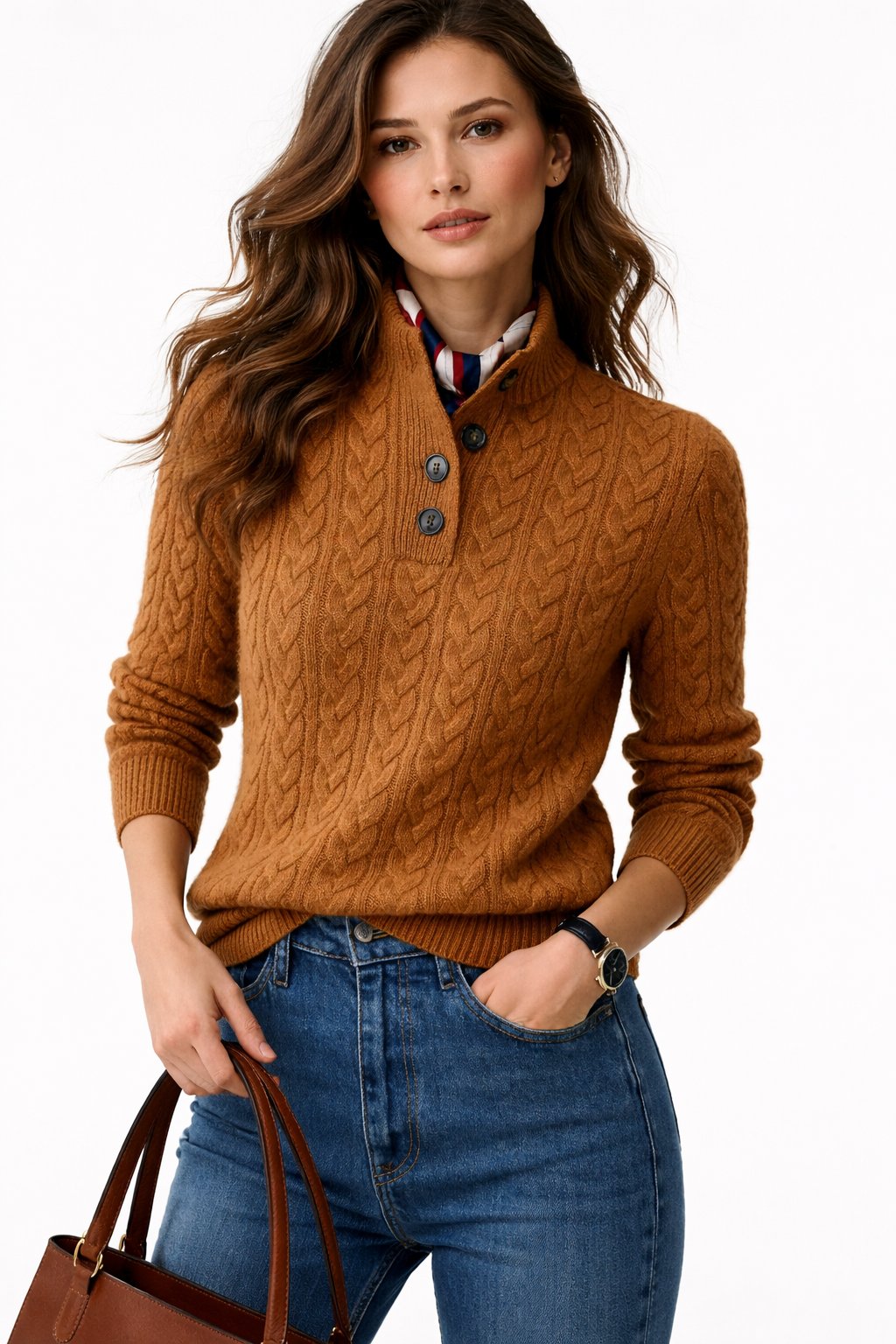 Madison | Women's Cable Knit Button-Neck Wool Blend Pullover Sweater