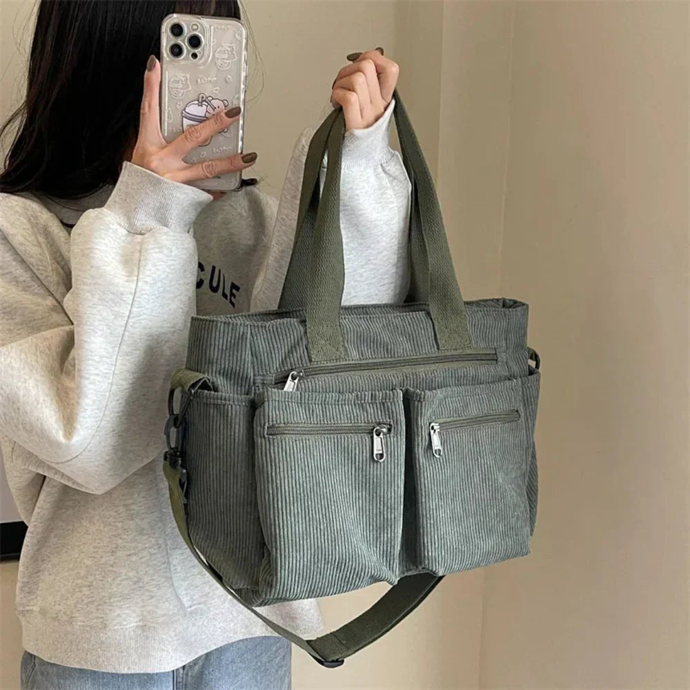 Amelia | Women's Corduroy Multi-Pocket Convertible Tote Bag