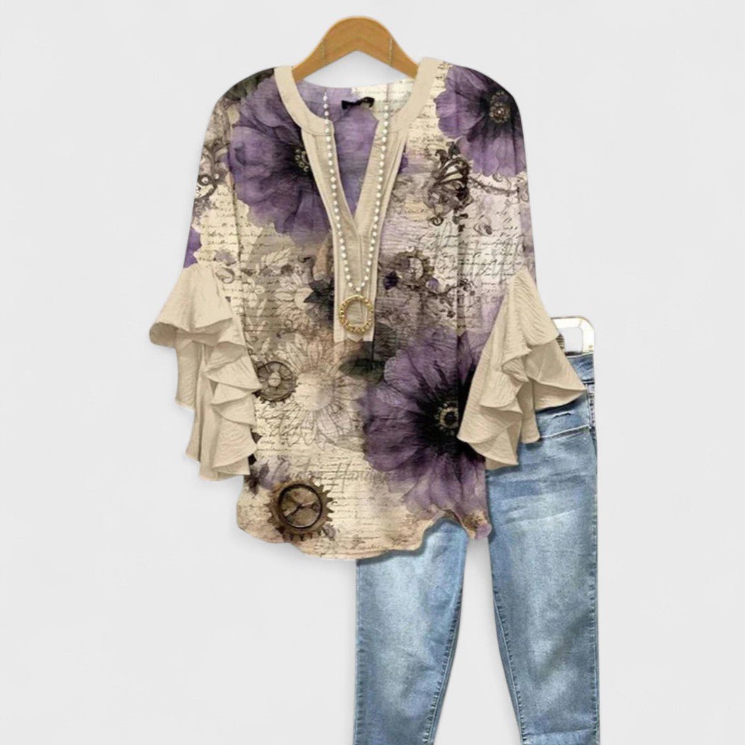 Penelope | Women's Floral Blouse Ruffle Sleeves V-Neck Casual