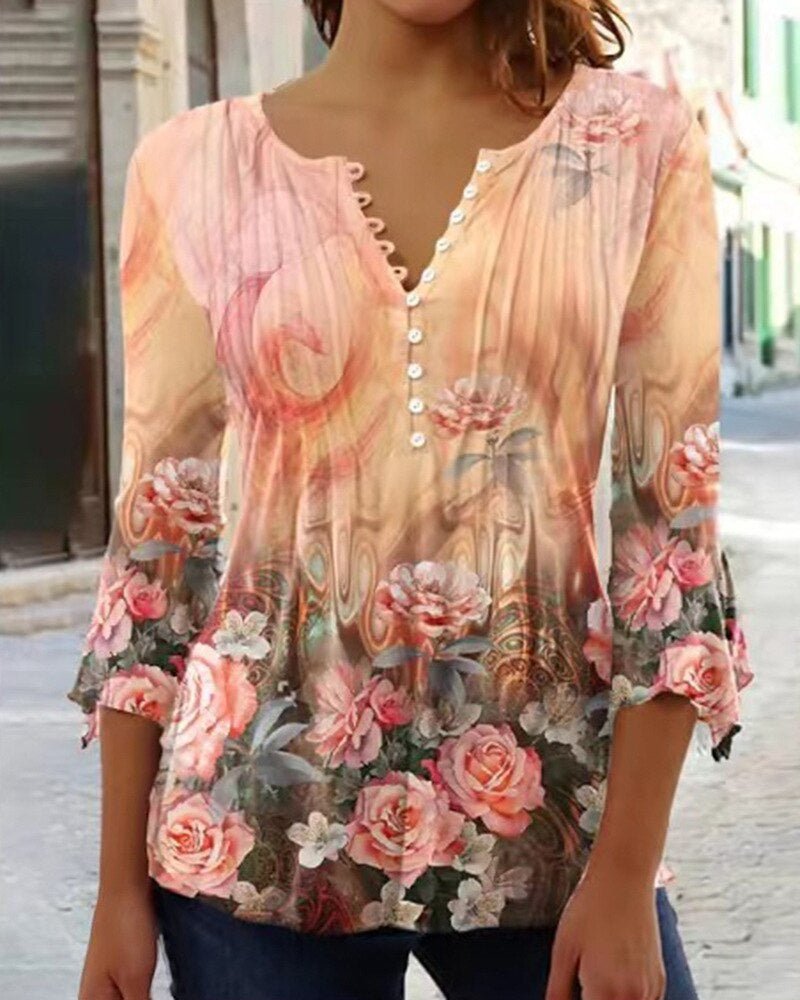 Amelia | Women's Floral Long Sleeve Relaxed-Fit Henley Blouse