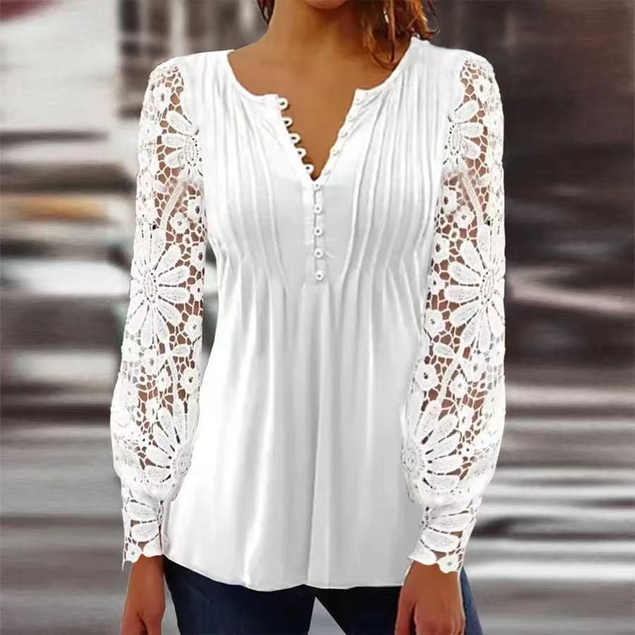 Amelia | Women's Floral Long Sleeve Relaxed-Fit Henley Blouse