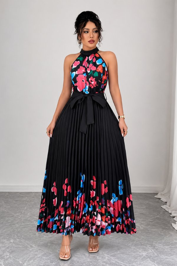 Camila | Women's Floral Pleated Halter Evening Gown Midi Dress