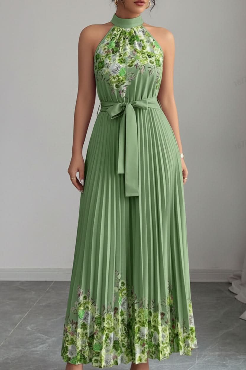 Camila | Women's Floral Pleated Halter Evening Gown Midi Dress