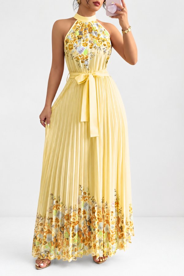 Camila | Women's Floral Pleated Halter Evening Gown Midi Dress
