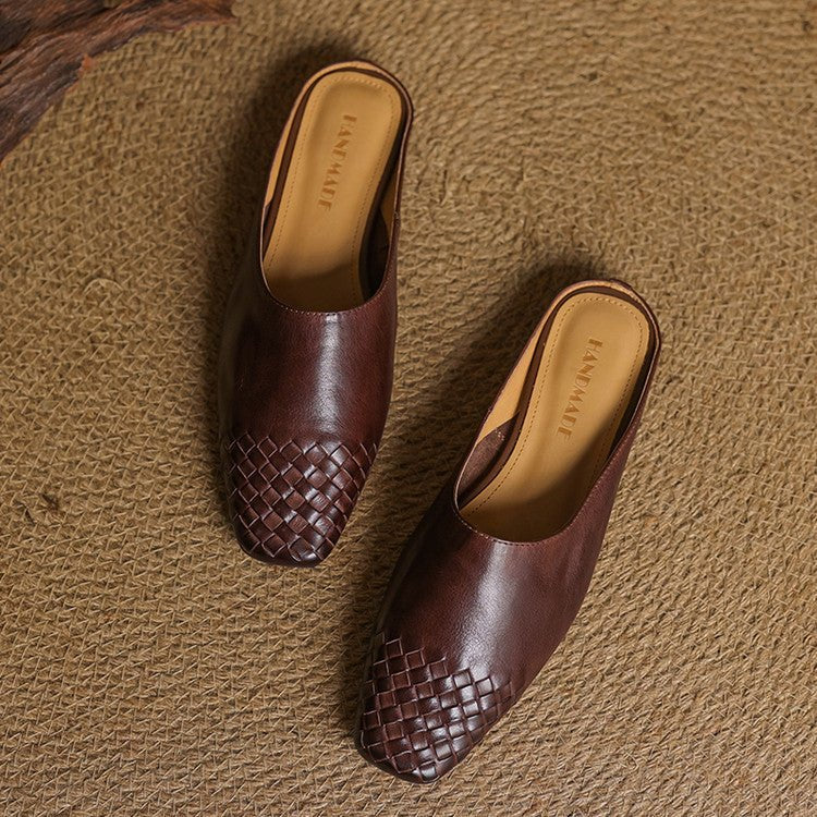 Aria | Women's Leather Mules Square Toe Woven Slip-On Flats