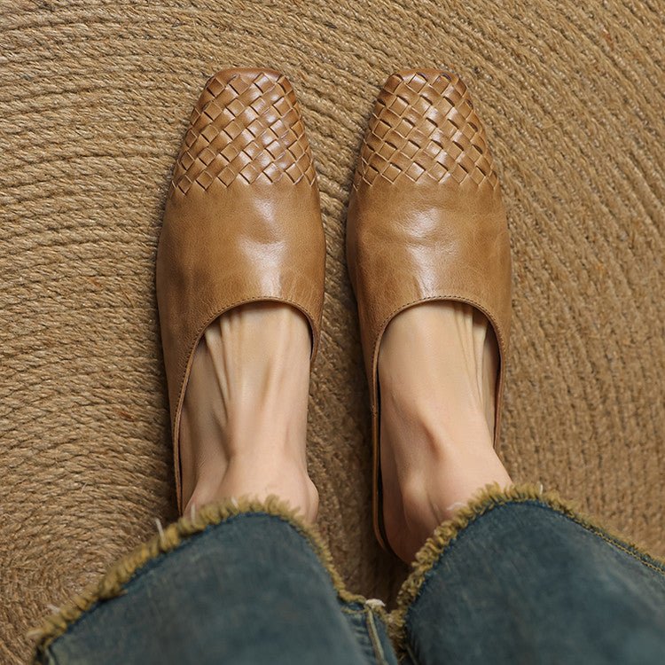 Aria | Women's Leather Mules Square Toe Woven Slip-On Flats