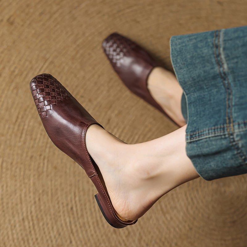 Aria | Women's Leather Mules Square Toe Woven Slip-On Flats