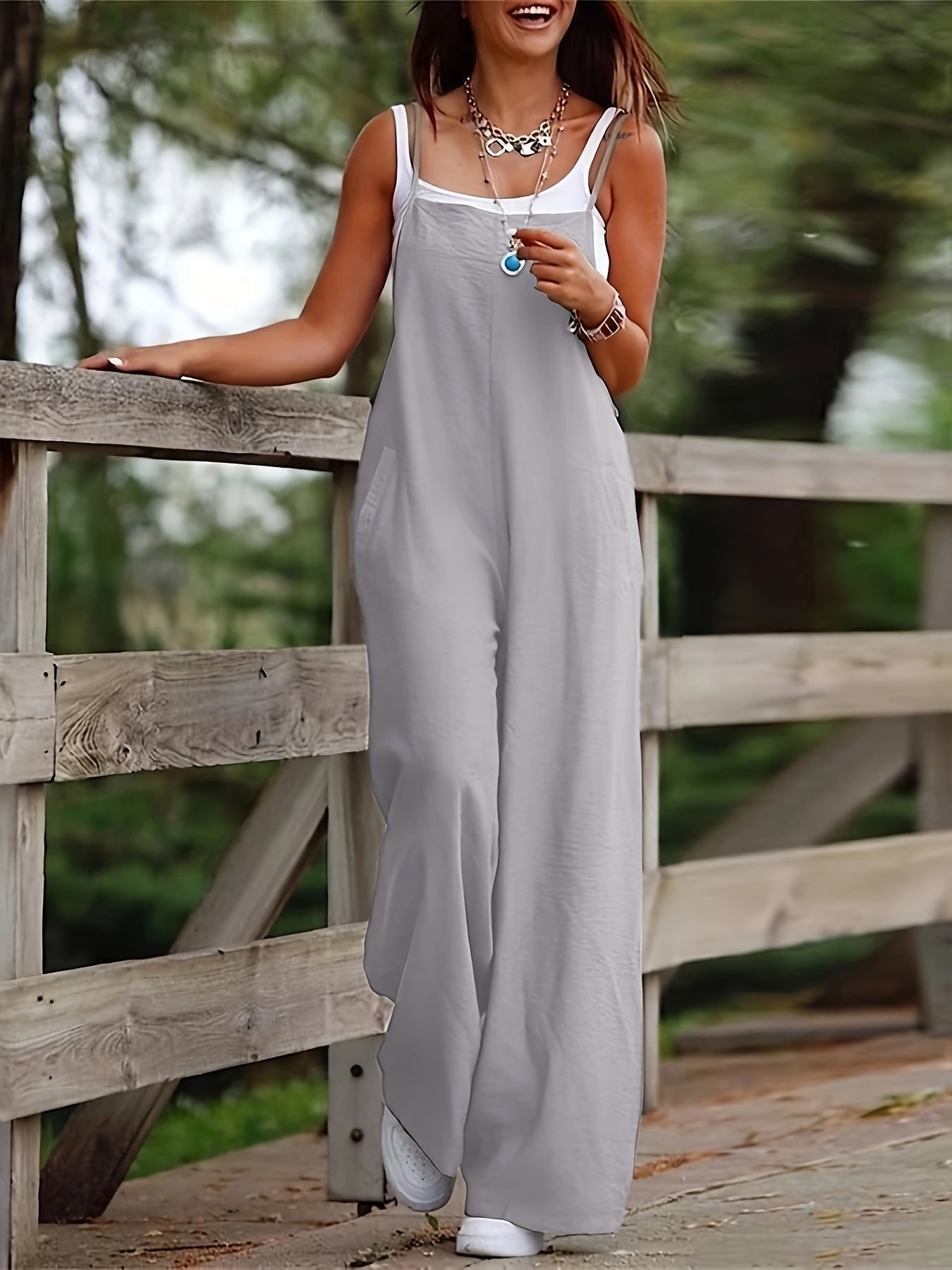 Layla | Women's Linen Wide Leg Pants Sleeveless Bib Overall Jumpsuit