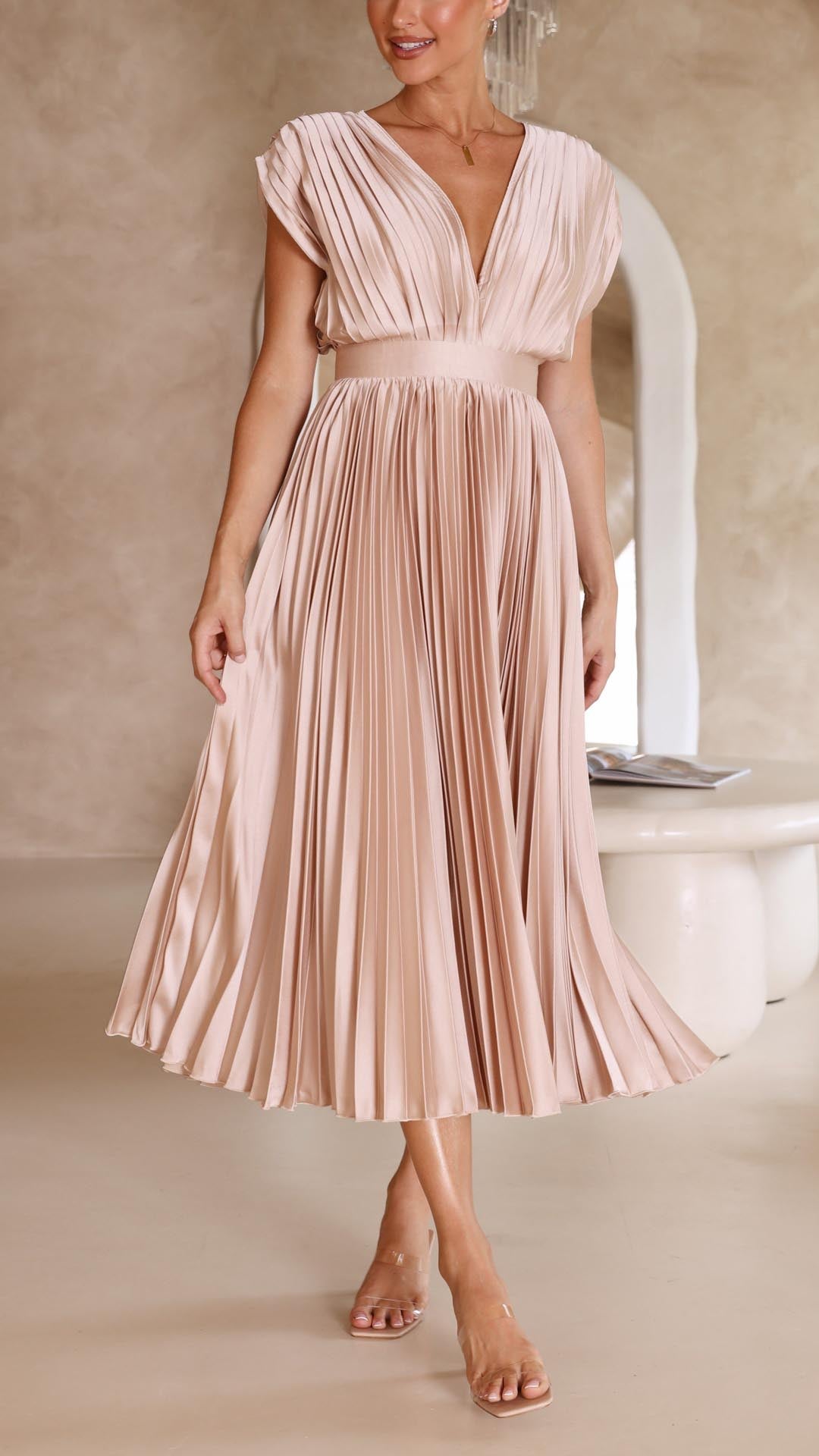 Kaitlyn | Women's Pleated V Neck Midi Wedding Guest Dress