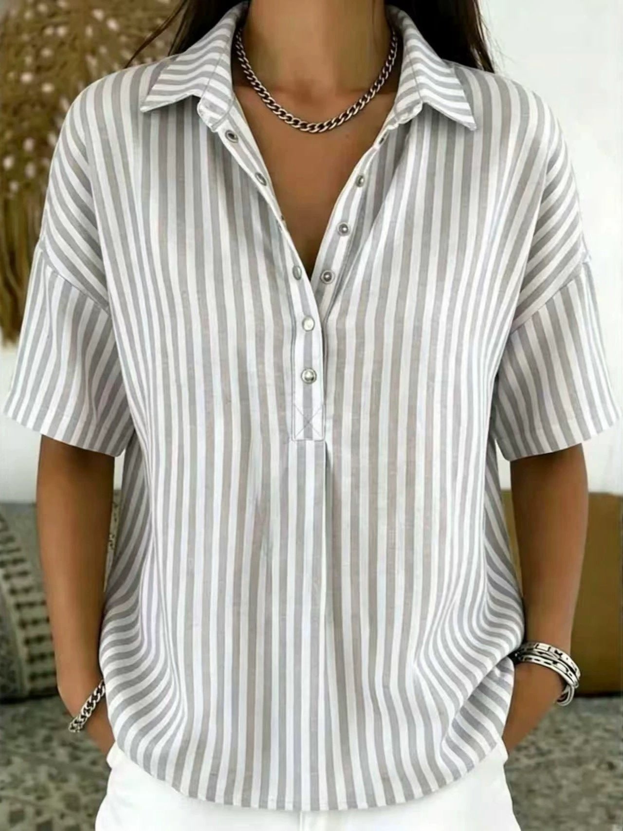 Penelope | Women's Relaxed-Fit Striped Collared Half-Button Blouse