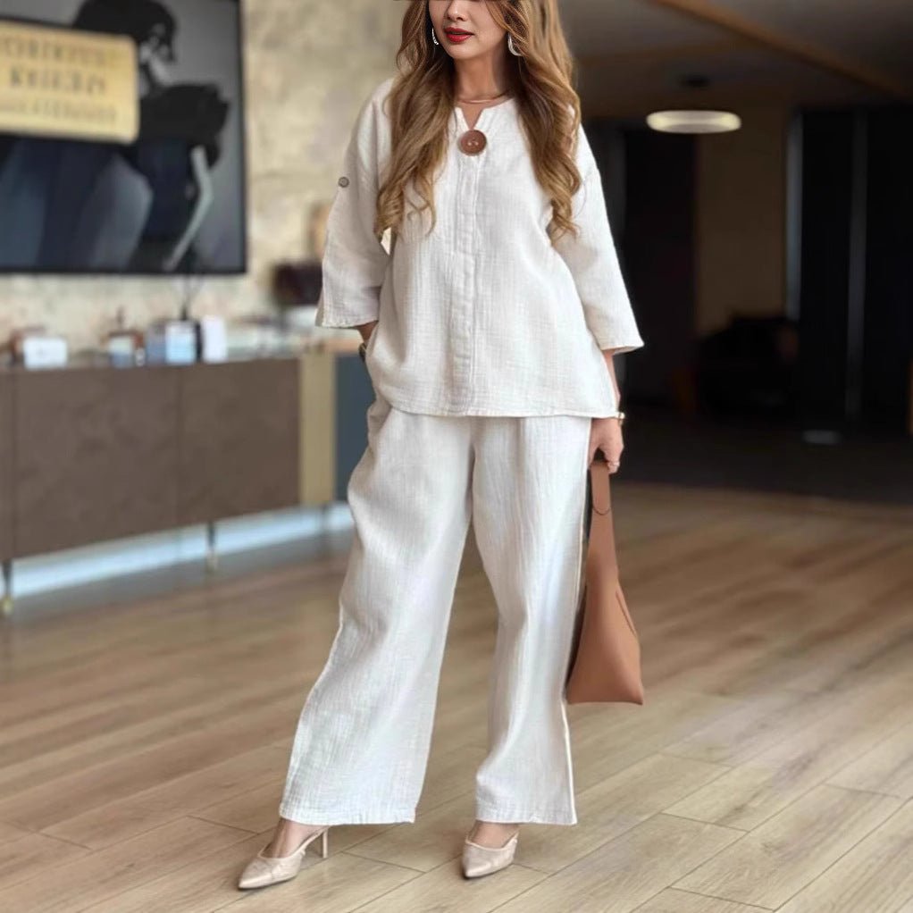 Grace | Women's Relaxed Linen-Look 3/4 Sleeve Tunic Wide-Leg Pants Set