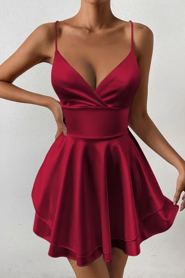 Mia | Women's Satin Open-Back Mini Cocktail Dress V-Neck Pleated Skater