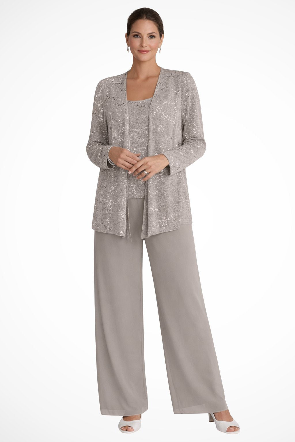 Luna | Women's Sequined Three-Piece Wide Leg Pants Suit Long Sleeve
