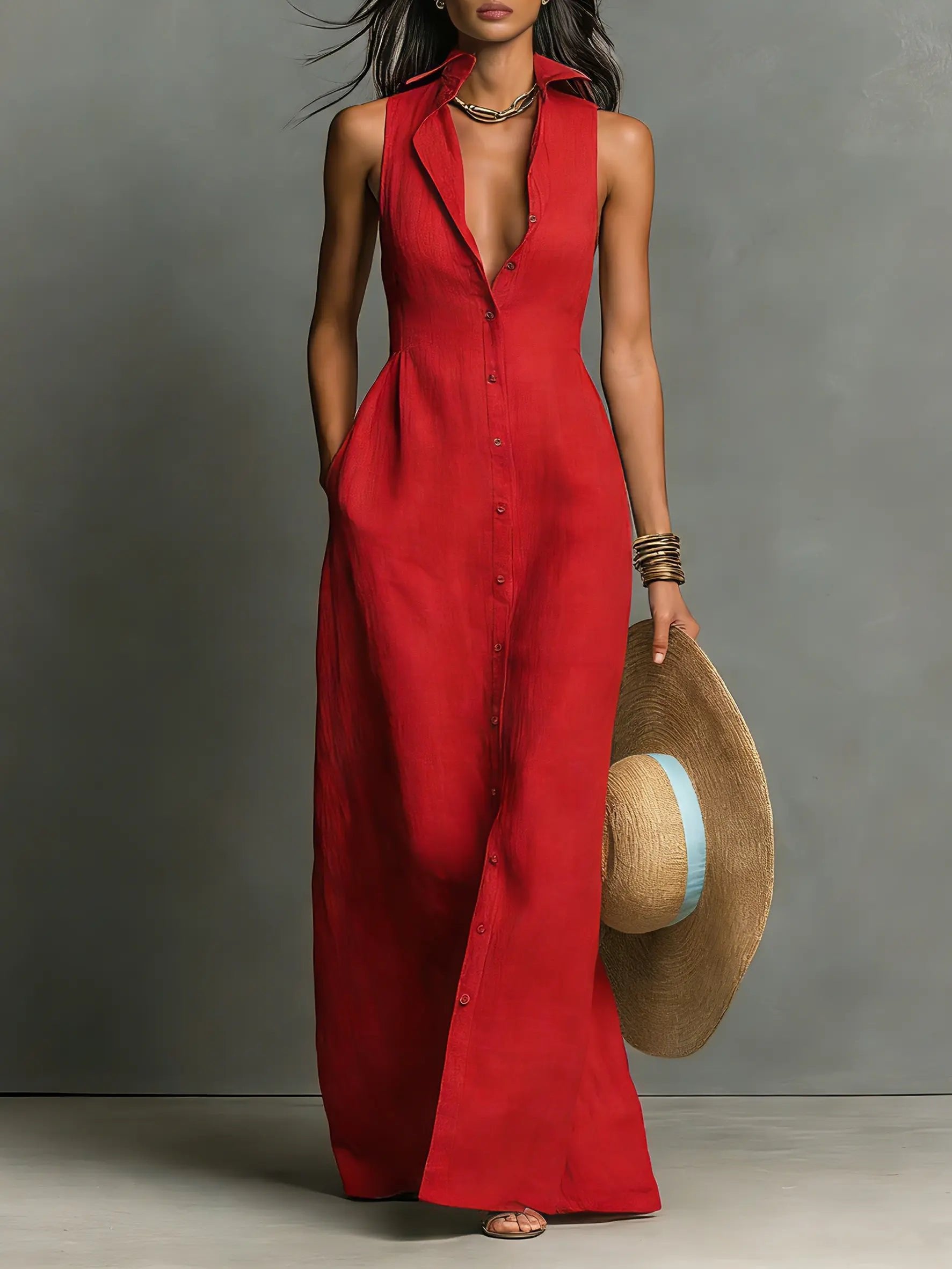 Penelope | Women's Sleeveless Collared Linen Button-Front Maxi Dress