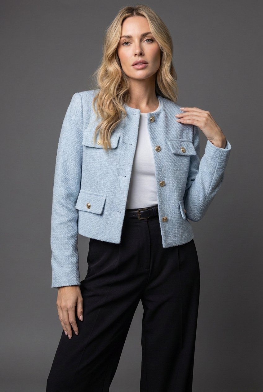 Victoria | Women's Tweed Cropped Blazer Round Neck Gold Buttons