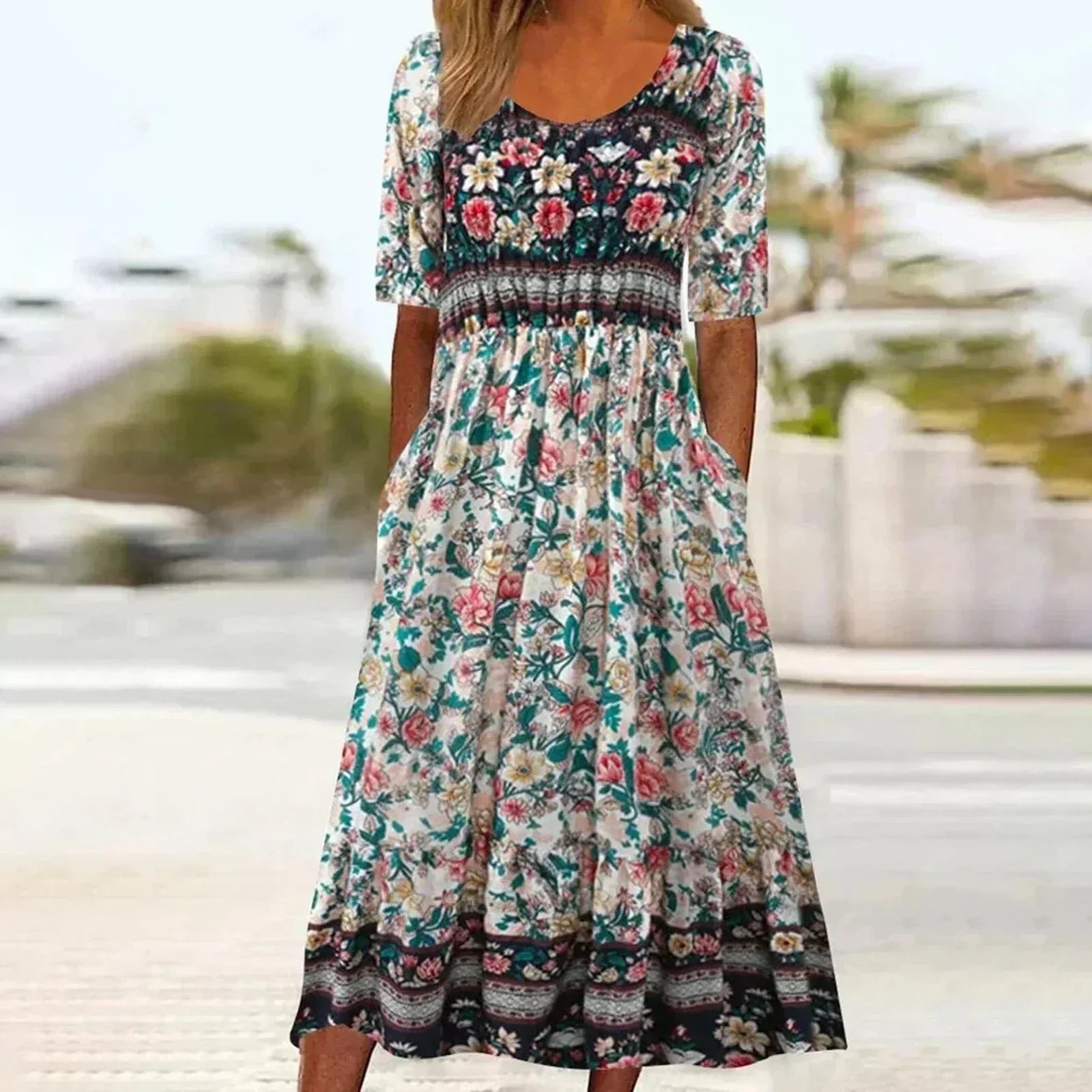 Abigail | Women's Boho Printed Square Neck Short Sleeve Midi Dress