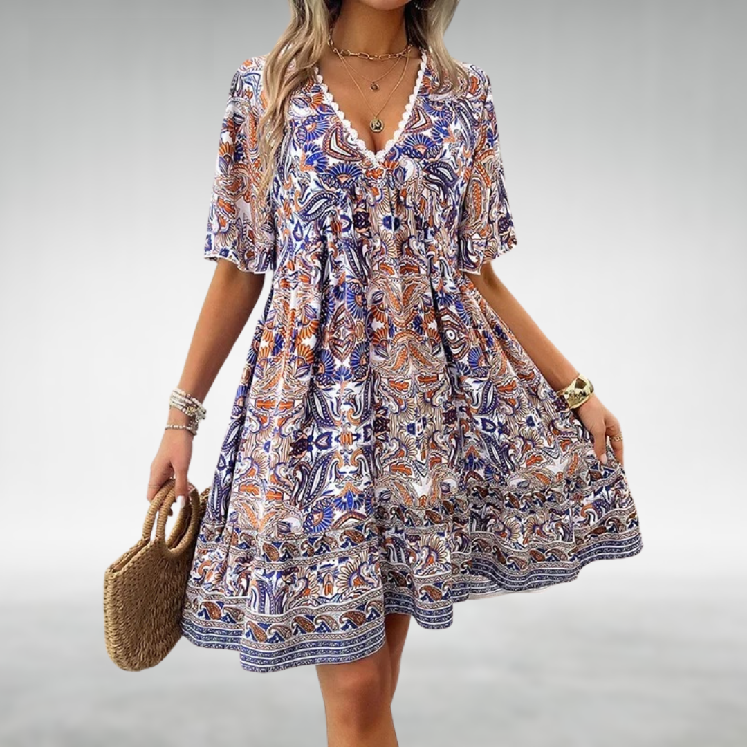 Mabel | Women's Boho Printed V Neck Mini Dress