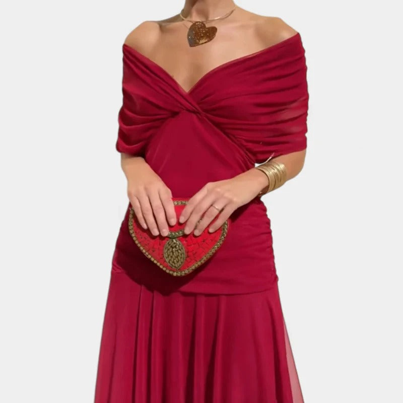 Madison | Chiffon Off-Shoulder Midi Dress Ruched Twist Front