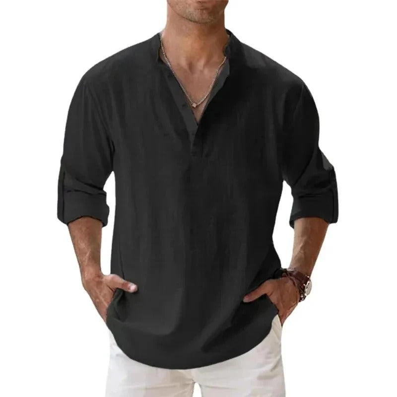 Caleb | Men's Linen Long Sleeve Grandad Collar Shirt