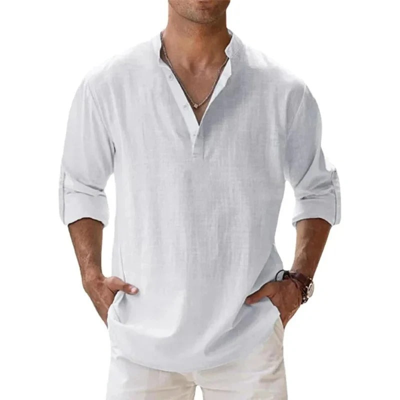 Caleb | Men's Linen Long Sleeve Grandad Collar Shirt