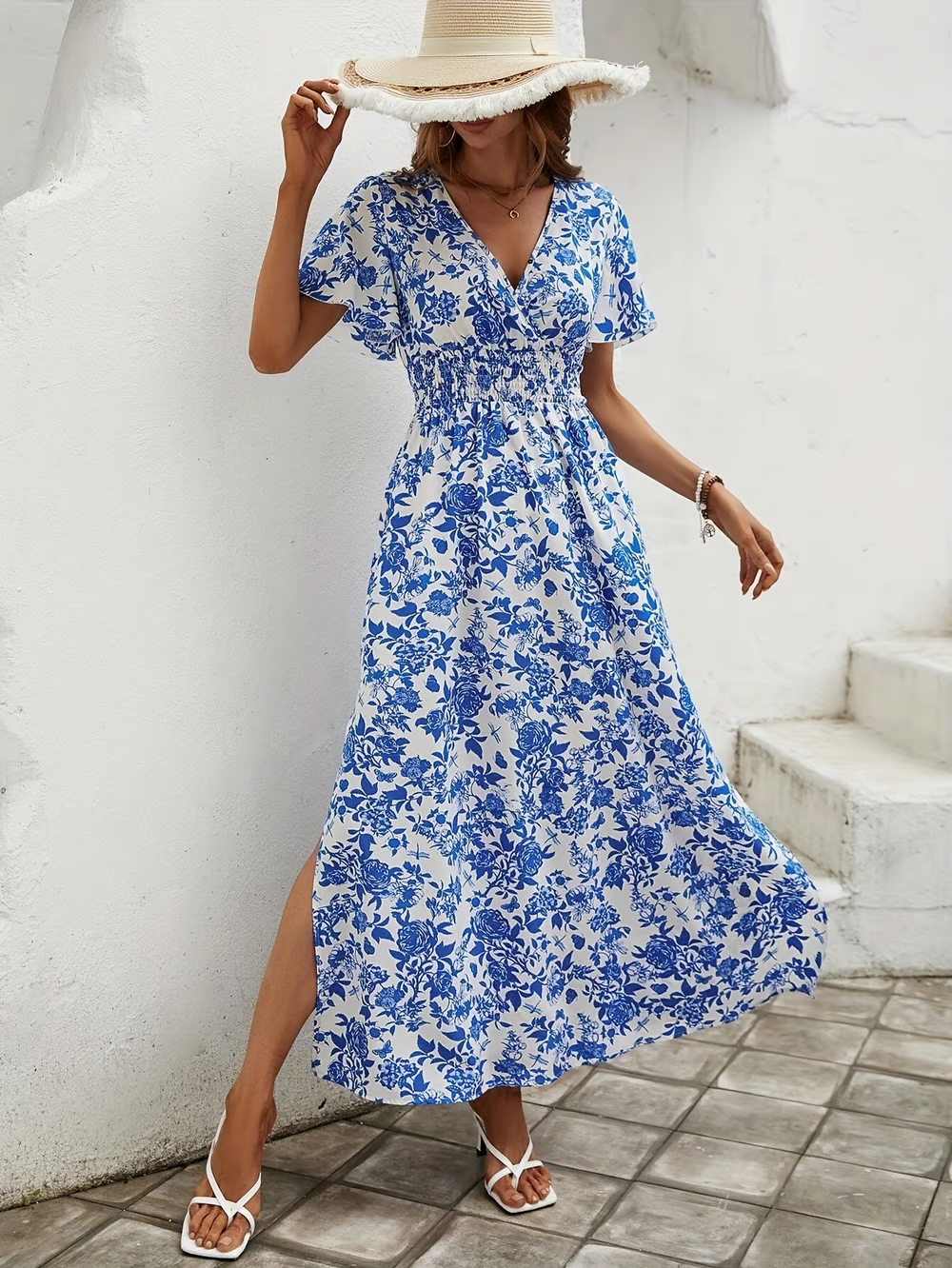 Margaret | Women's Boho Printed V Neck Short Sleeve Maxi Dress