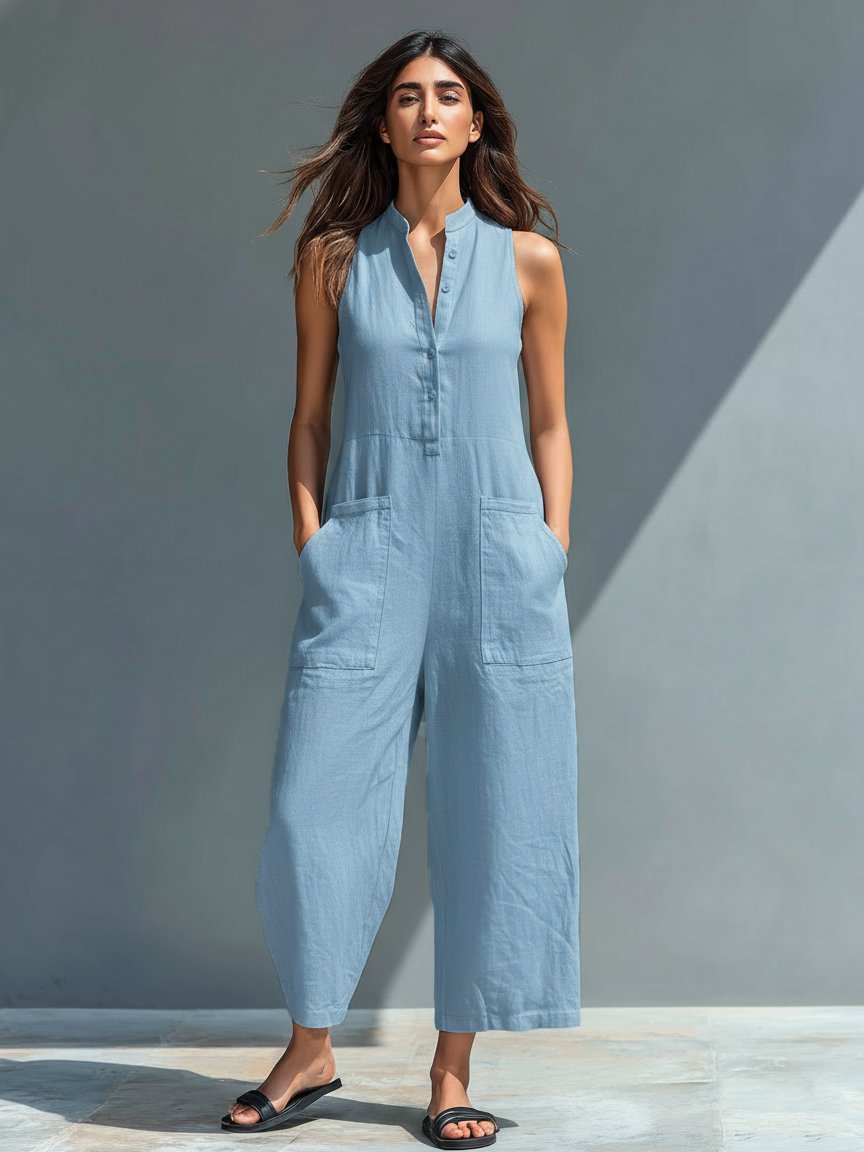 Chloe | Jumpsuit Linen Blend Stand Collar Button-Up Sleeveless