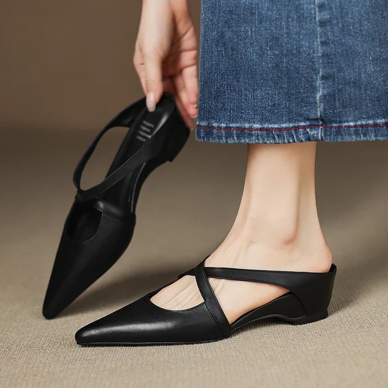 Harper | Leather Mules Cross-Strap Pointed Toe Low Heel Slip-On