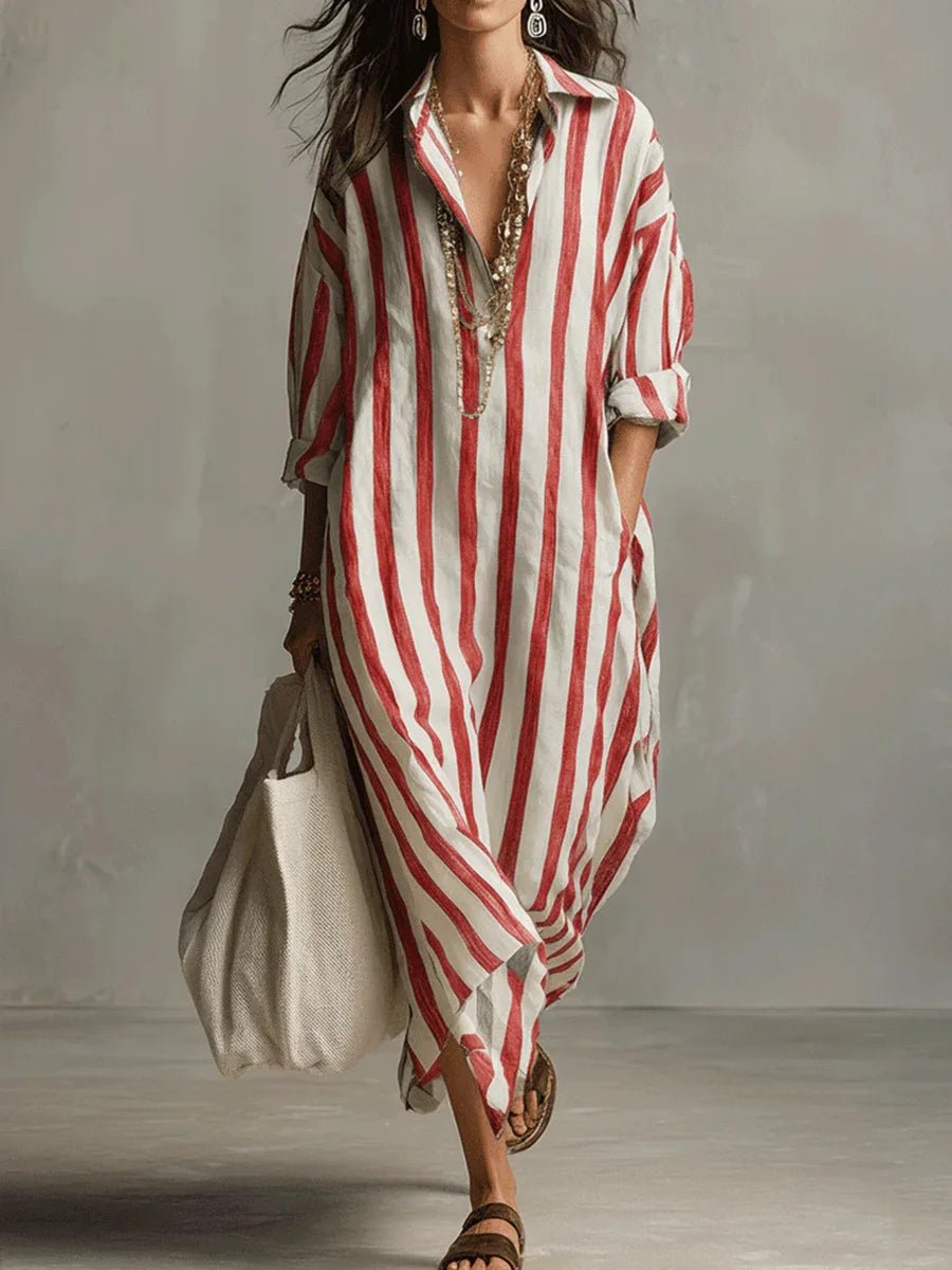 Olivia | Linen Shirt Dress V-Neck Striped Maxi Long Sleeve Loose Fit