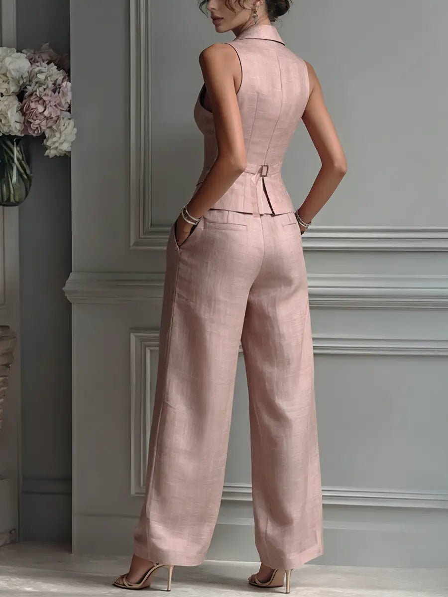 Olivia | Linen Vest Wide Leg Pants Set Sleeveless Lapel