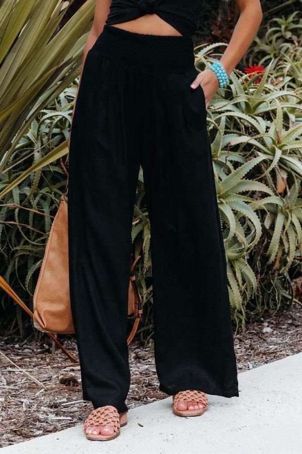 Sophia | Linen Wide Leg Pants High Waisted Smocked Waist Flowing