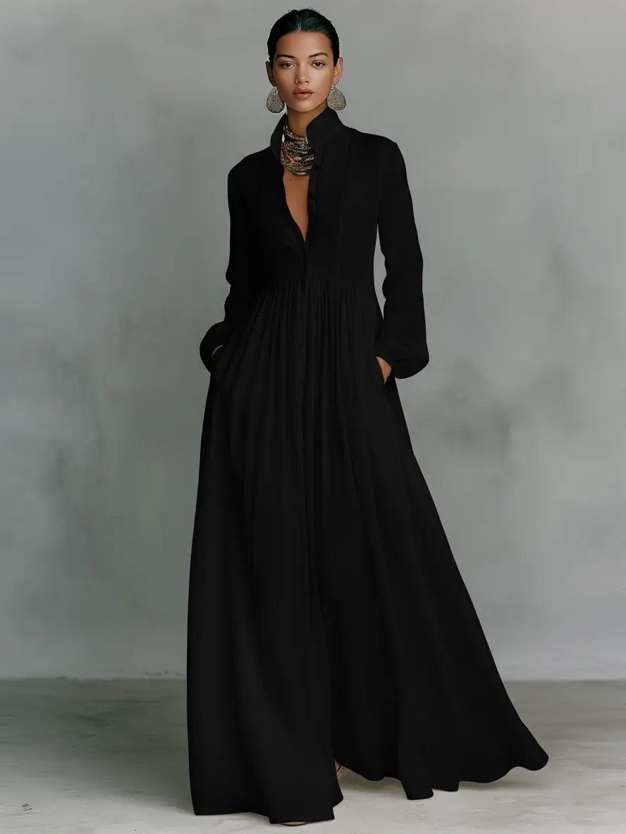 Evelyn | Maxi Dress Cotton Linen Blend Stand Collar Button Front