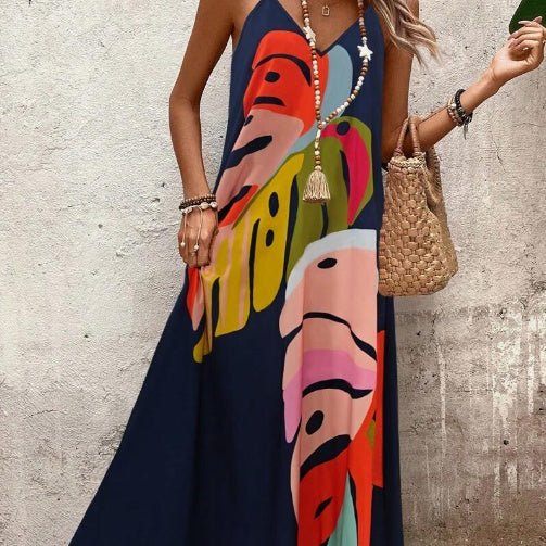 Scarlett | Maxi Dress Tropical Leaf Print V-Neck Sleeveless